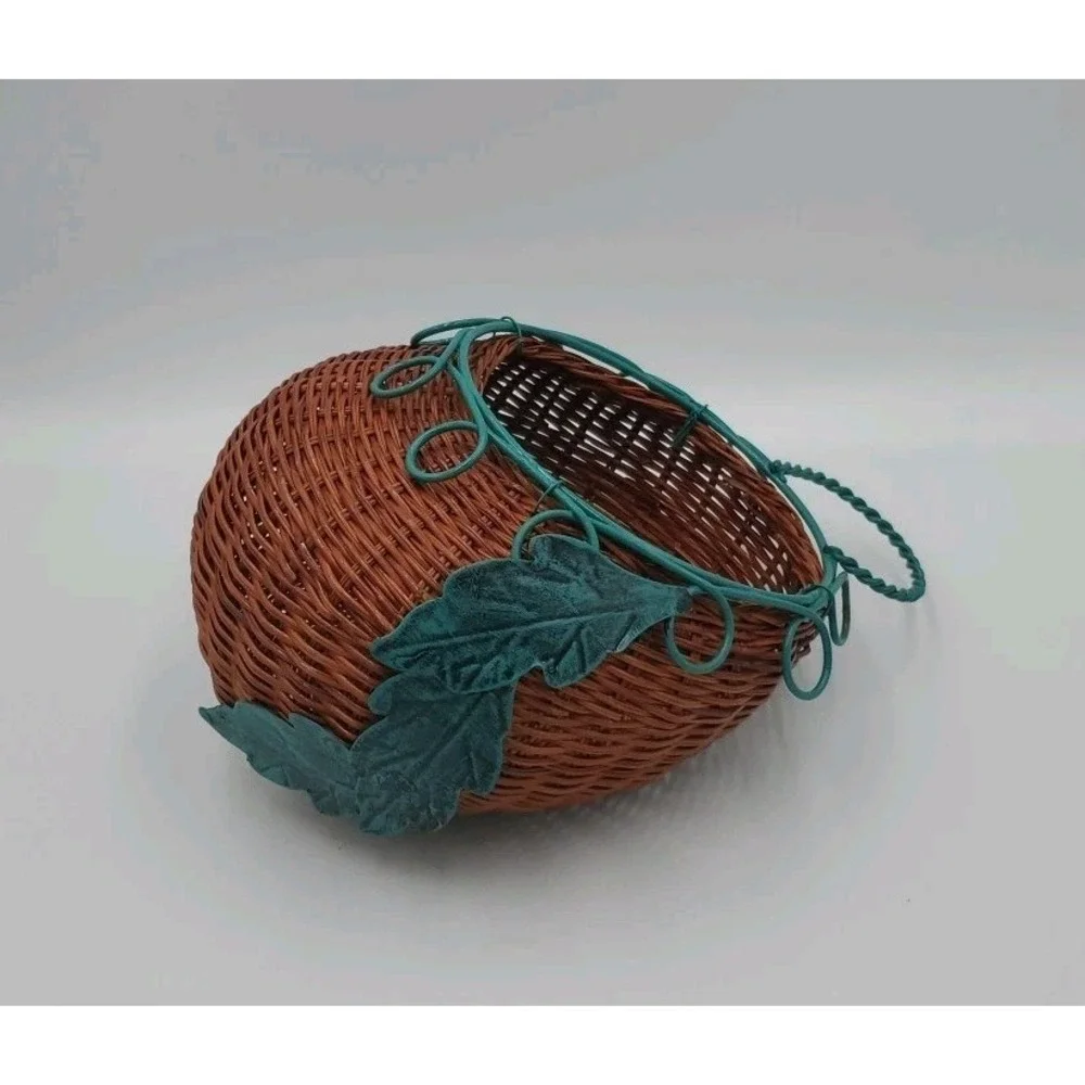 Decorative Hanging Wicker Basket with Green Metal Wire Cottagecore